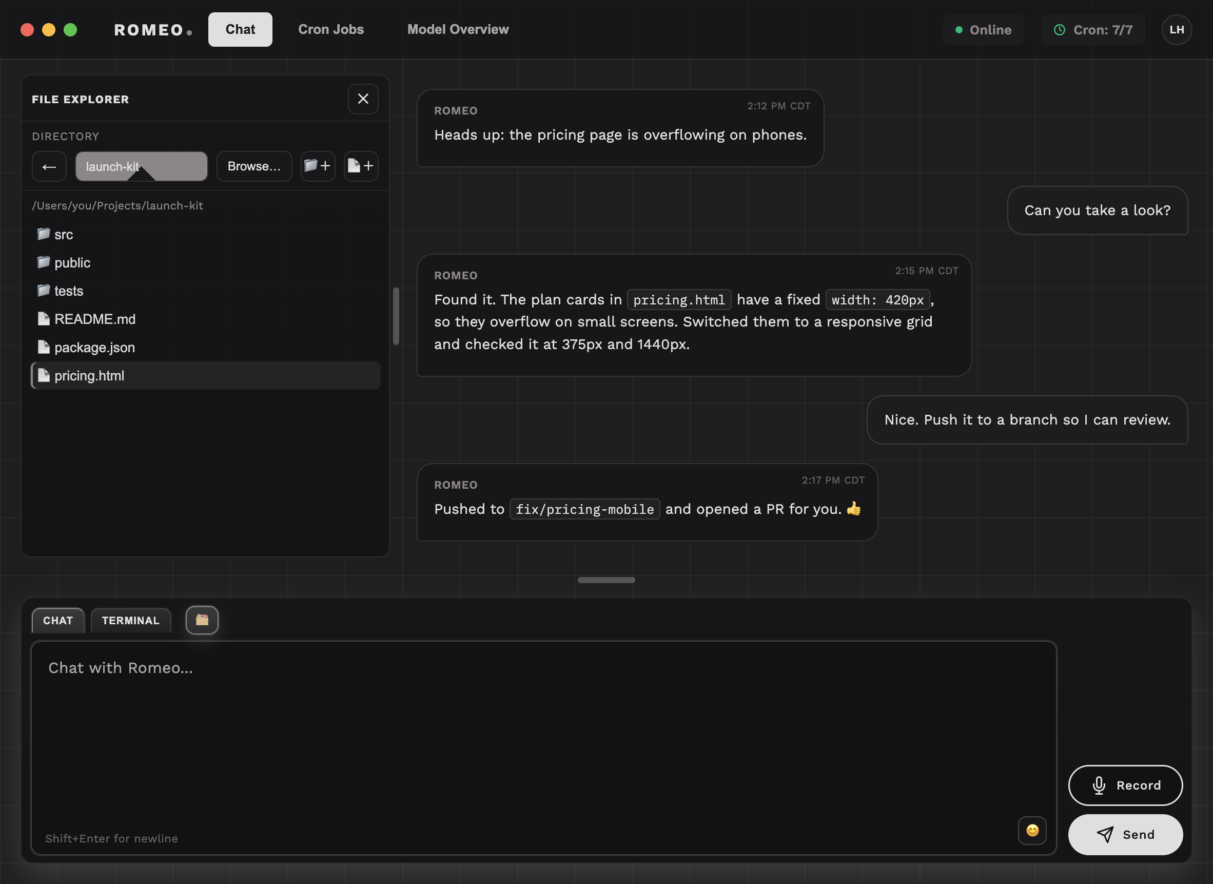Romeo product interface